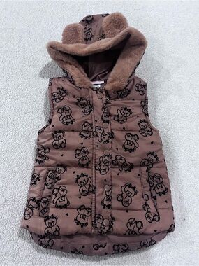 Little Lass Girls Teddy Bear Hooded Puffer Vest Size 5T Faux Fur